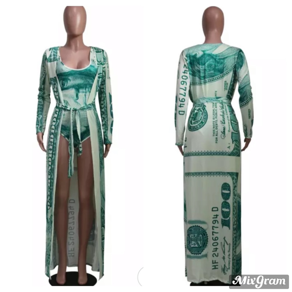 Money Print Belted Cover Up 2 Piece Swim Set